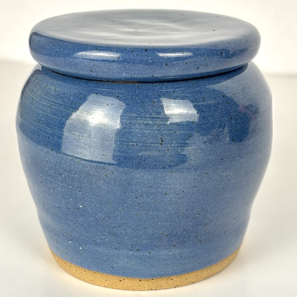 Pottery Blue Lidded Storage Jar Crock Studio Art Handmade Stoneware Signed 3.5”